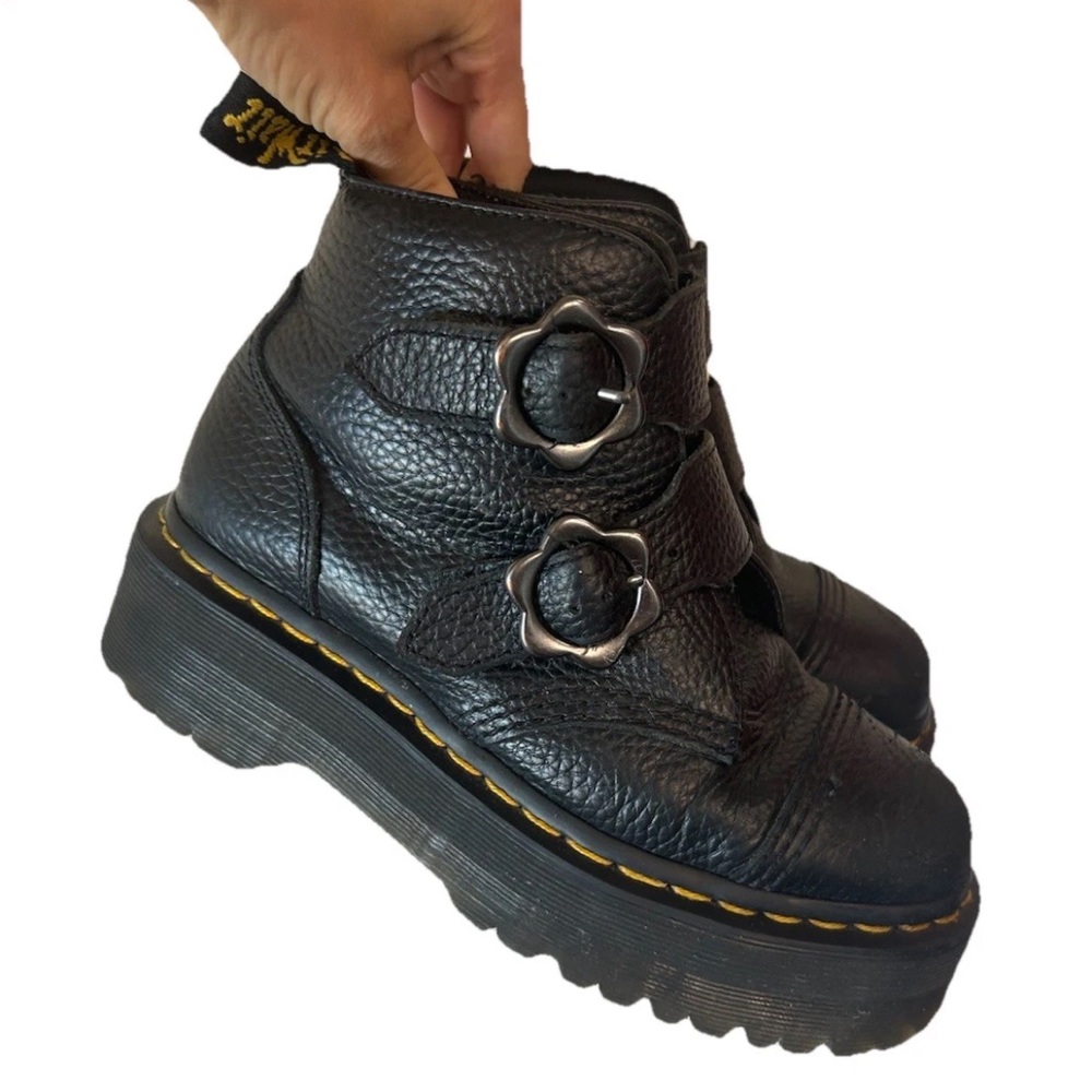 Dr Martens Devon Flower Quad Platform Boots Black Leather Size 6 Goth Y2K